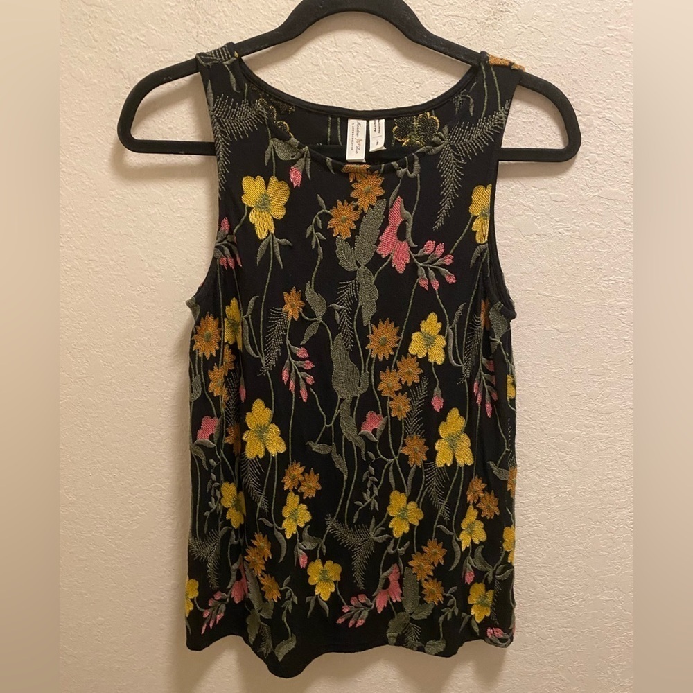 Anthropologie Meadow Rue Cartagena Black Floral Embroidered Size XS